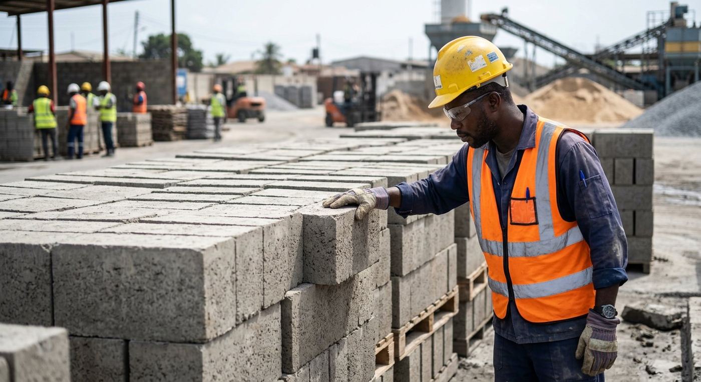 Ouvrier de TERRA PRODUCTION contrôlant la qualité d'une pile de blocs de béton