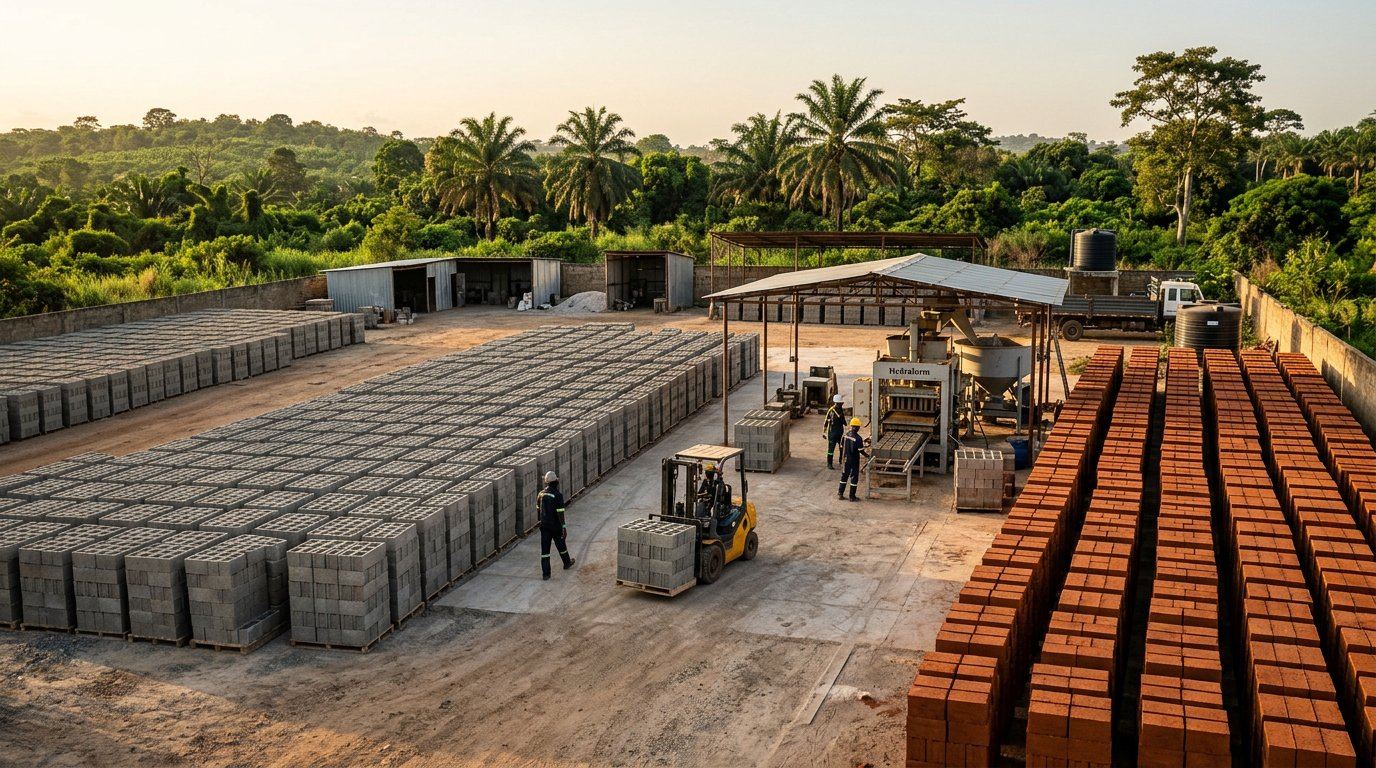 Dépôt de blocs de béton et briques de terre compressée produits par TERRA PRODUCTION