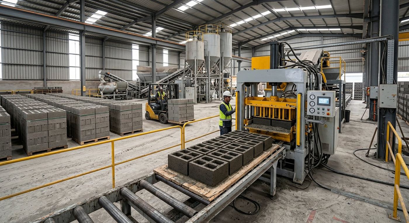 Presse hydraulique produisant des blocs de béton sur le site TERRA PRODUCTION