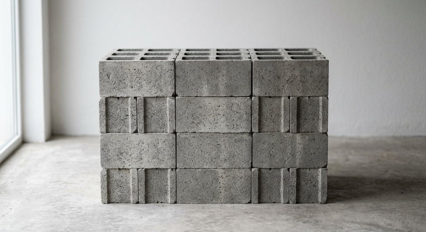 Pile de parpaings en béton gris à alvéoles