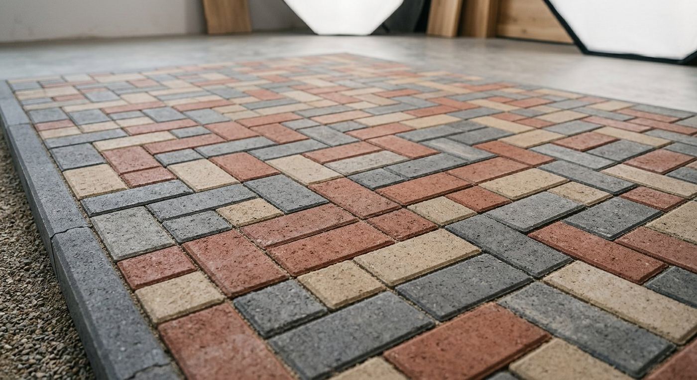 Pavés autobloquants en béton gris et rouge posés en motif