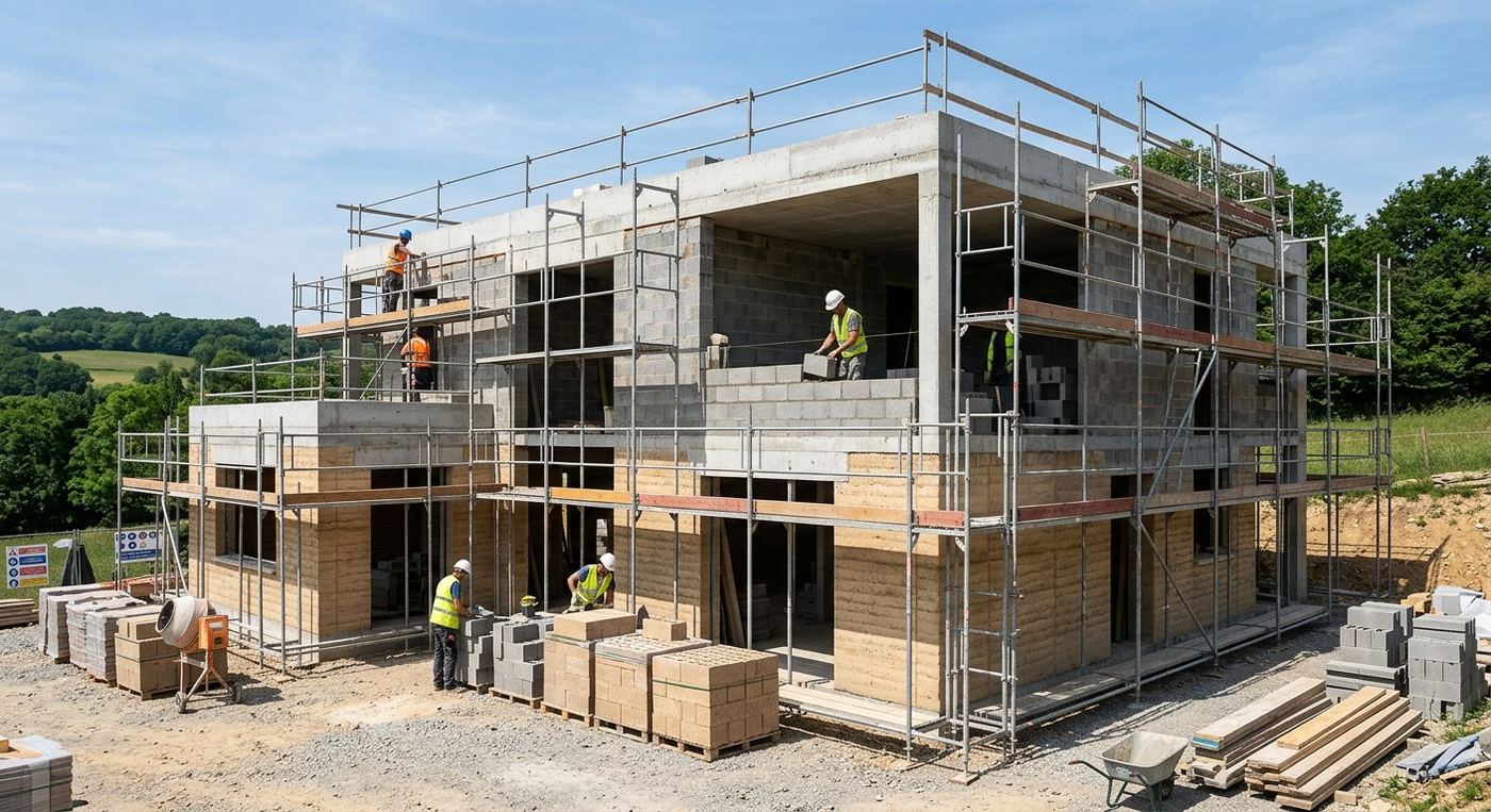 Mur en briques de terre compressée sur un chantier de construction résidentielle